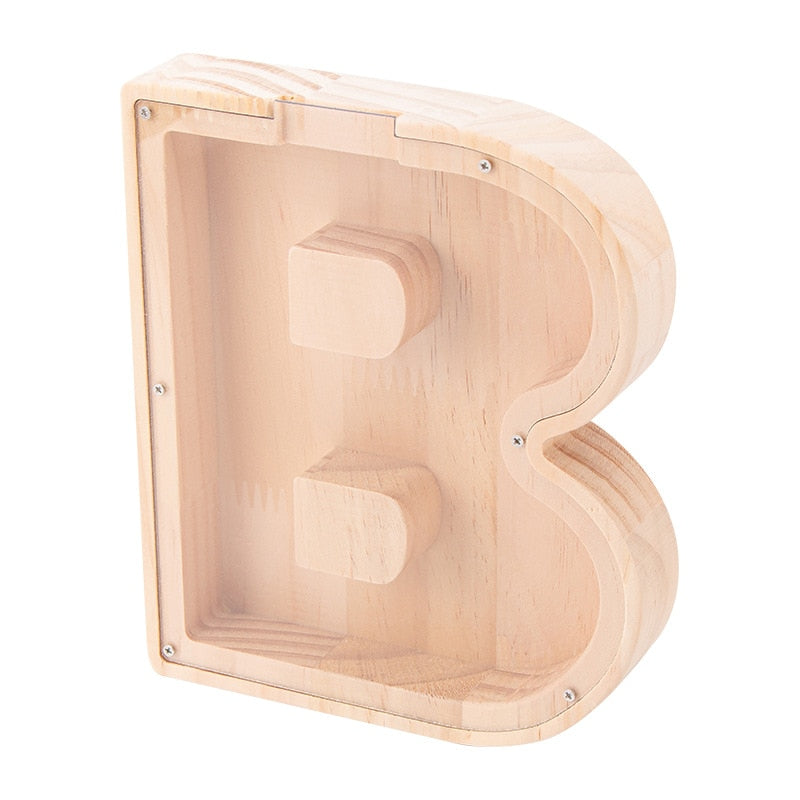 26 Letter Piggy Bank Wooden Coin Money Saving Box Jar Coins Storage Box for Kids Desktop Ornament Home Decor.