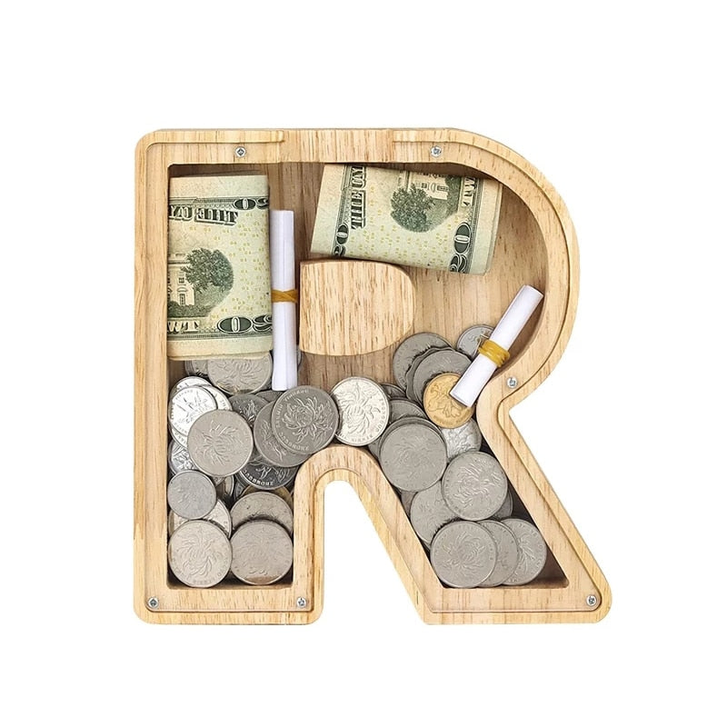 26 Letter Piggy Bank Wooden Coin Money Saving Box Jar Coins Storage Box for Kids Desktop Ornament Home Decor.