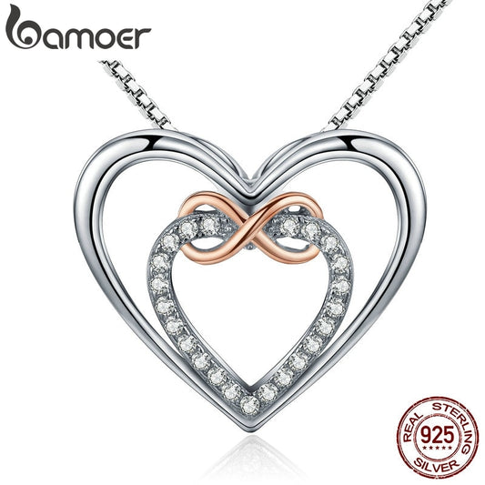 925 Sterling Silver, Elegant Double Heart Infinity Love Pendant Necklace for Women.