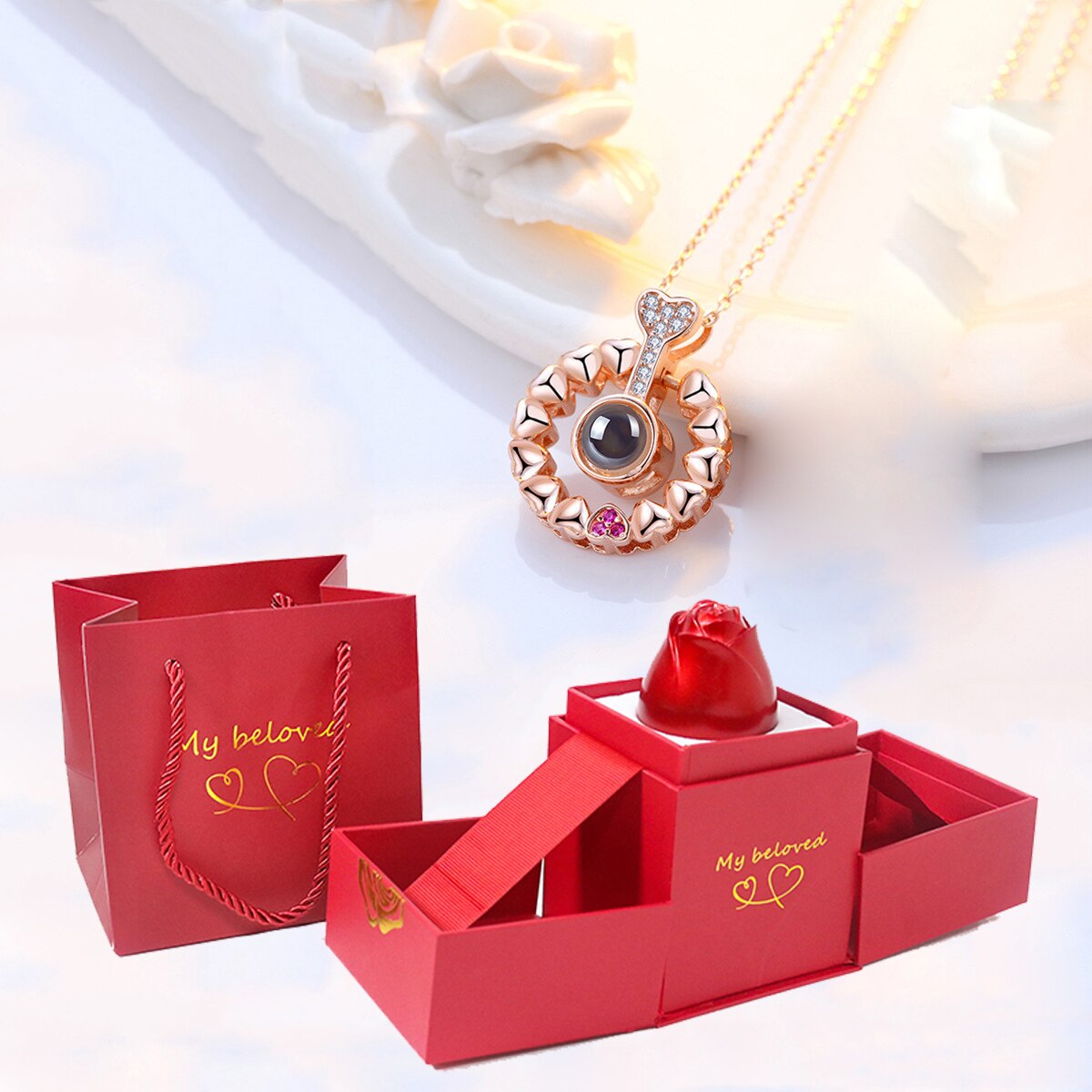 100 Languages I Love You Pendant Hexagram Projection Necklace with Luxury Rose Gift Box New Romantic Accessories