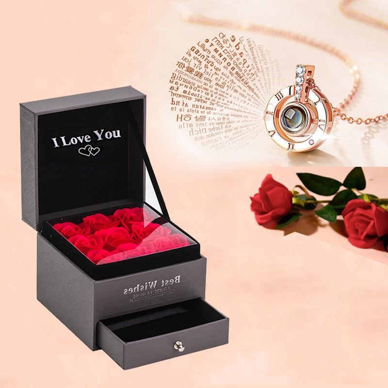 Projection Necklace With Roses Gift Box 100 Language I Love You Pendant Jewelry For Girlfriend Gifts 2022 Romantic Accessories