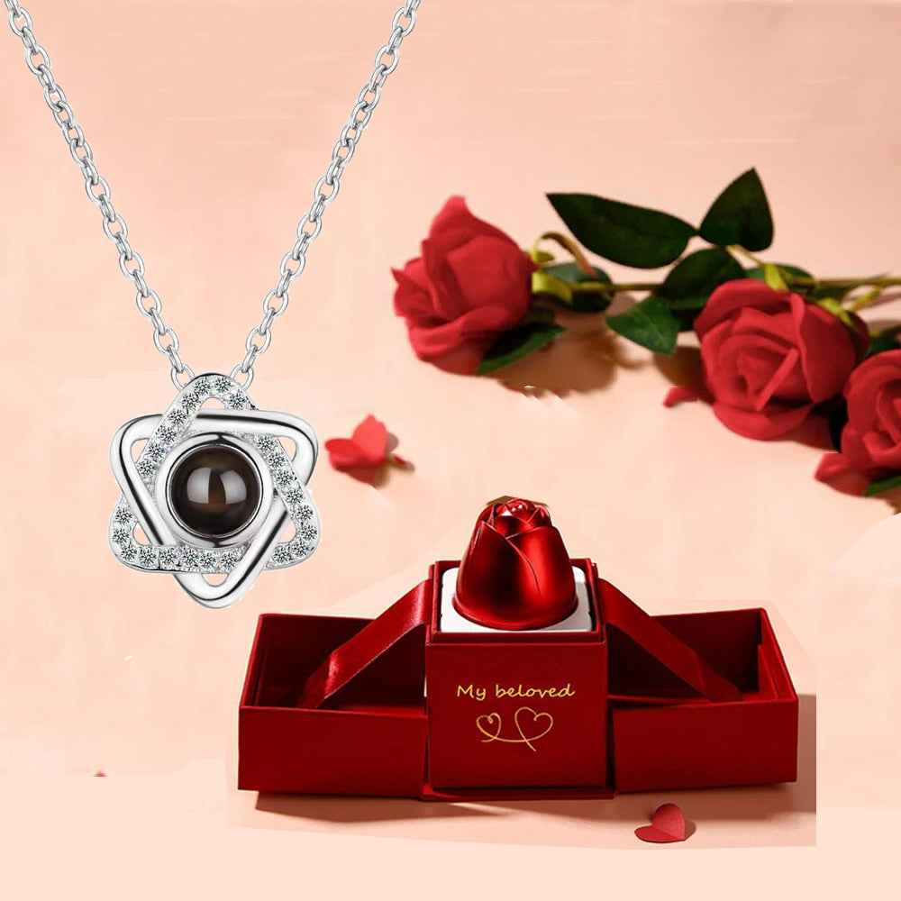 100 Languages I Love You Pendant Hexagram Projection Necklace with Luxury Rose Gift Box New Romantic Accessories