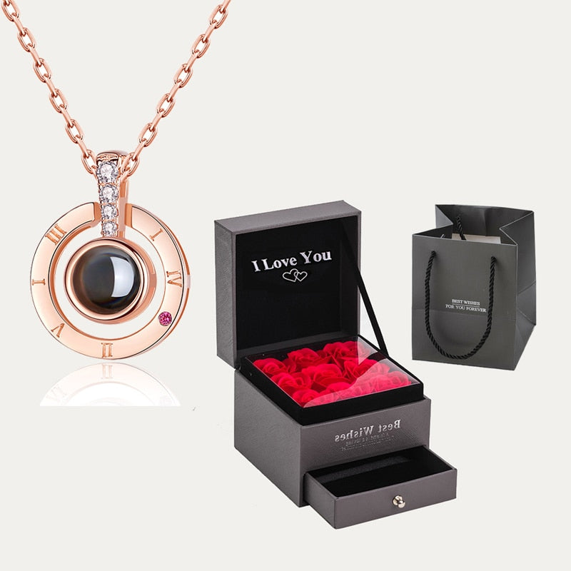 Projection Necklace With Roses Gift Box 100 Language I Love You Pendant Jewelry For Girlfriend Gifts 2022 Romantic Accessories