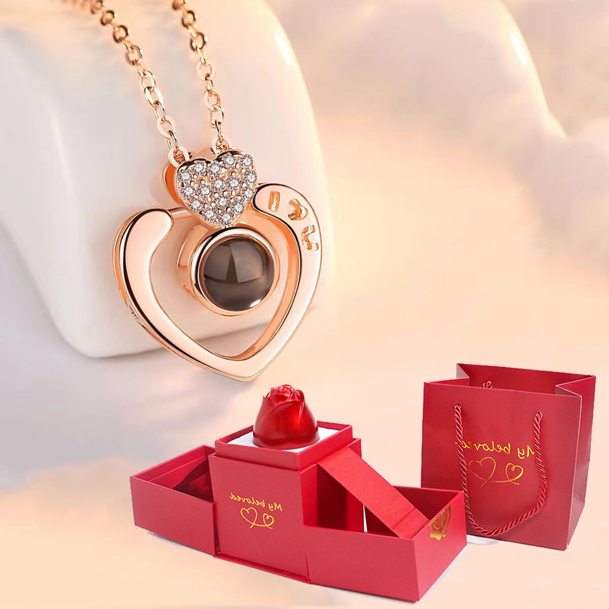 100 Languages I Love You Pendant Hexagram Projection Necklace with Luxury Rose Gift Box New Romantic Accessories